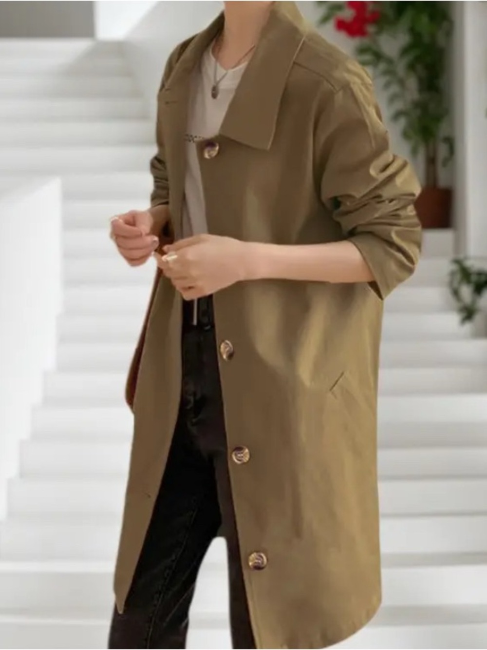 Classic Olive Button-Front Trench Coat